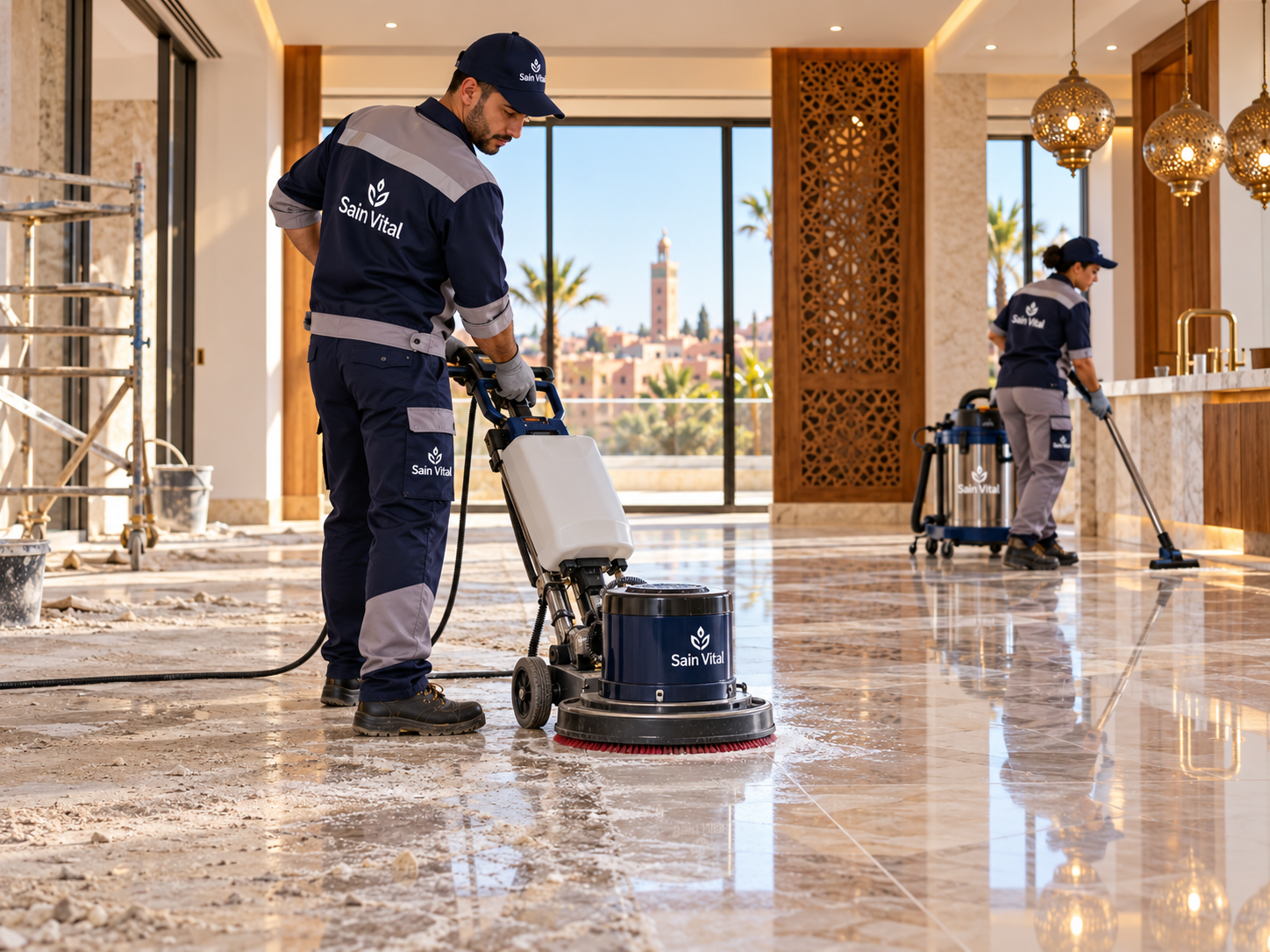 Équipe Sain Vital réalisant un nettoyage professionnel de fin de chantier
