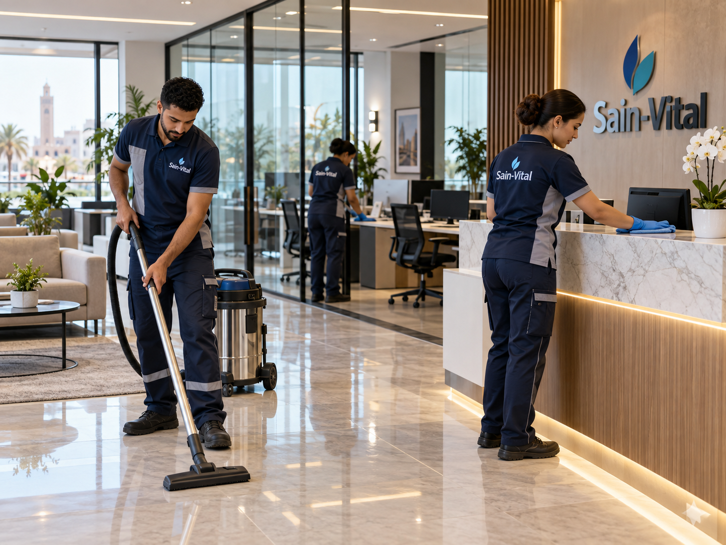 Équipe Sain Vital réalisant le nettoyage professionnel de bureaux
